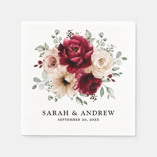 Burgundy Champagne Ivory Mauve Rose Floral Wedding Napkins (Front)