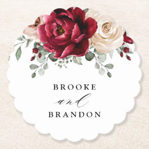 Burgundy Champagne Ivory Mauve Rose Floral Wedding Paper Coaster