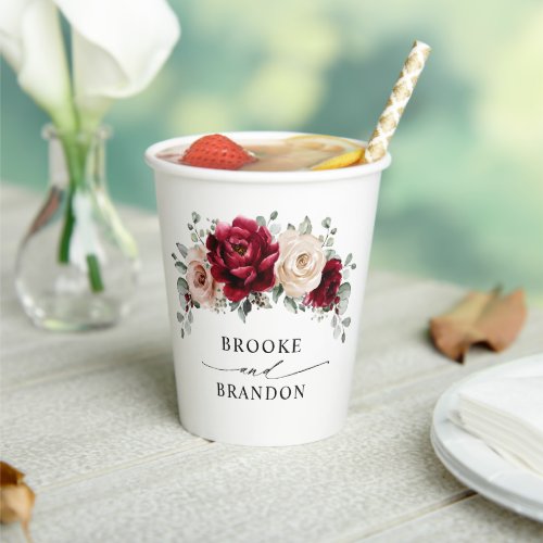 Burgundy Champagne Ivory Mauve Rose Floral Wedding Paper Cups