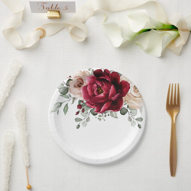 Burgundy Champagne Ivory Mauve Rose Floral Wedding Paper Plates (Wedding)