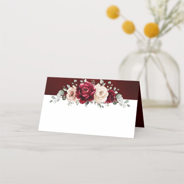 Burgundy Champagne Ivory Mauve Rose Floral Wedding Place Card (Front)