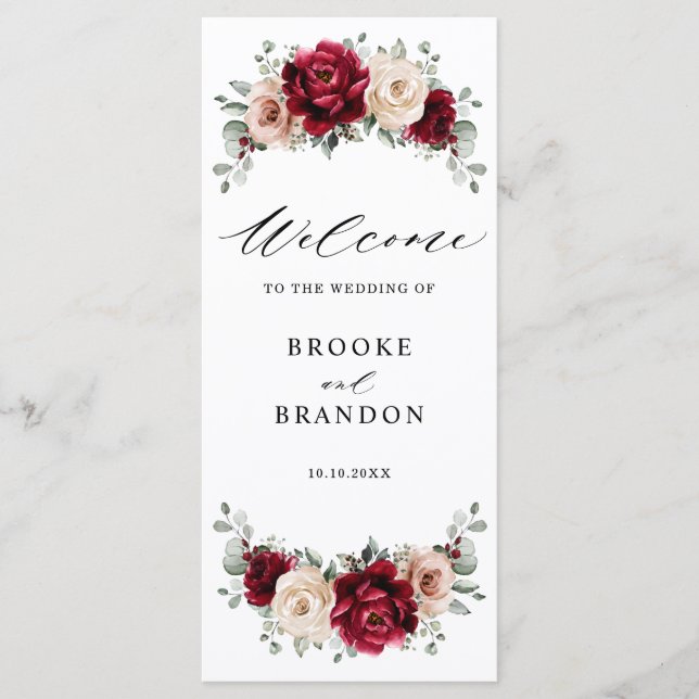 Burgundy Champagne Ivory Mauve Rose Floral Wedding Program (Front)