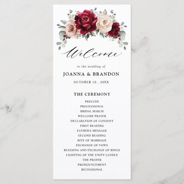 Burgundy Champagne Ivory Mauve Rose Floral Wedding Program (Front)