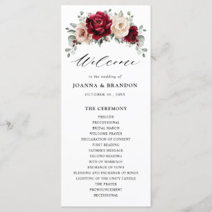 Burgundy Champagne Ivory Mauve Rose Floral Wedding Program