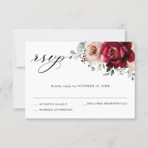 Burgundy Champagne Ivory Mauve Rose Floral Wedding RSVP Card