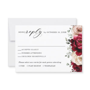 Burgundy Champagne Ivory Mauve Rose Floral Wedding RSVP Card