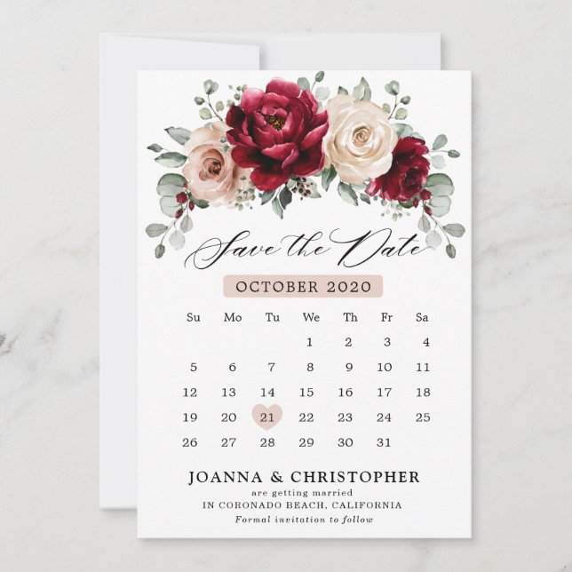 Burgundy Champagne Ivory Mauve Rose Floral Wedding Save The Date (Front)