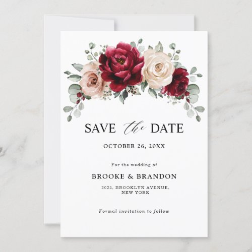 Burgundy Champagne Ivory Mauve Rose Floral Wedding Save The Date