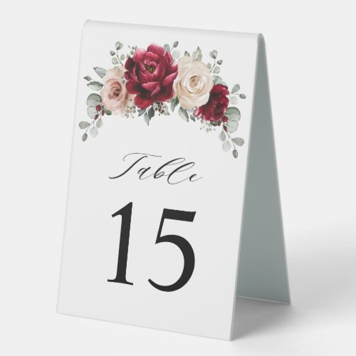 Burgundy Champagne Ivory Mauve Rose Floral Wedding Table Tent Sign