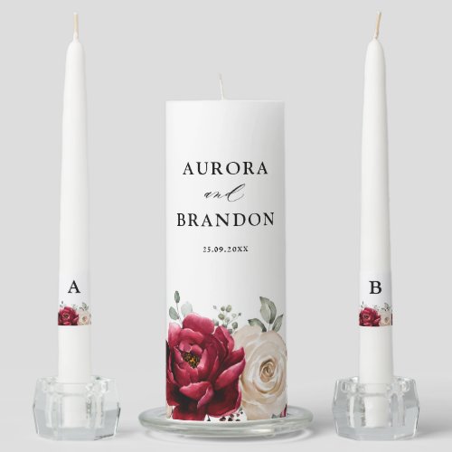 Burgundy Champagne Ivory Mauve Rose Floral Wedding Unity Candle Set