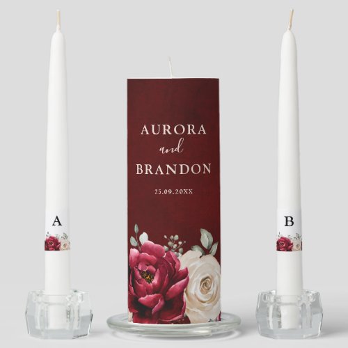 Burgundy Champagne Ivory Mauve Rose Floral Wedding Unity Candle Set