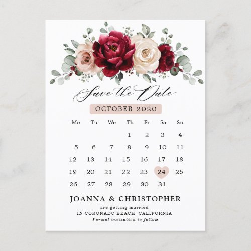 Burgundy Champagne Ivory Mauve Rose Save the Date Postcard