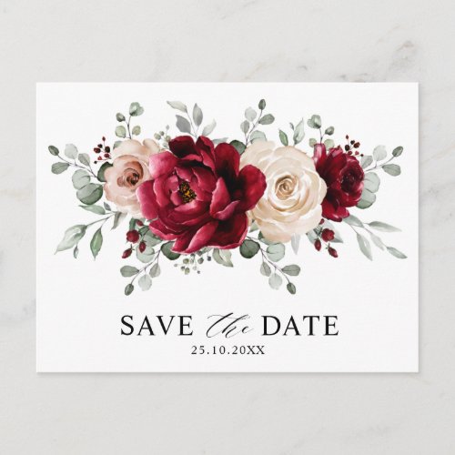Burgundy Champagne Ivory Mauve Rose Save the Date Postcard