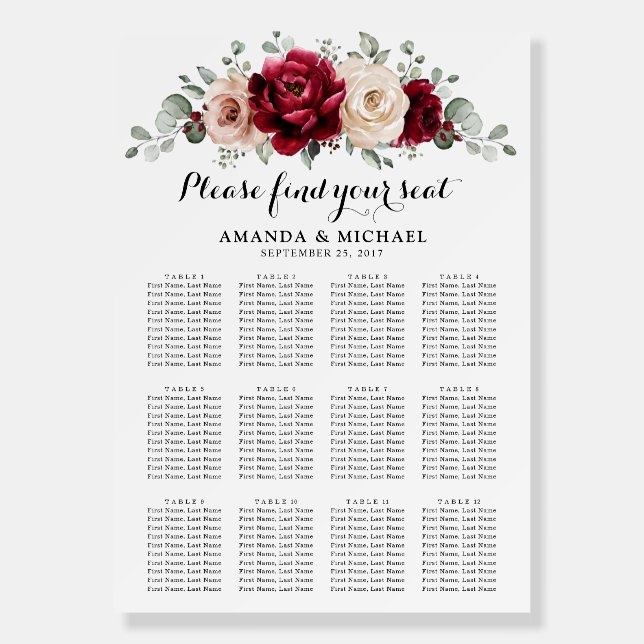 Burgundy Champagne Ivory Mauve Rose Seating chart Foam Board (Front)