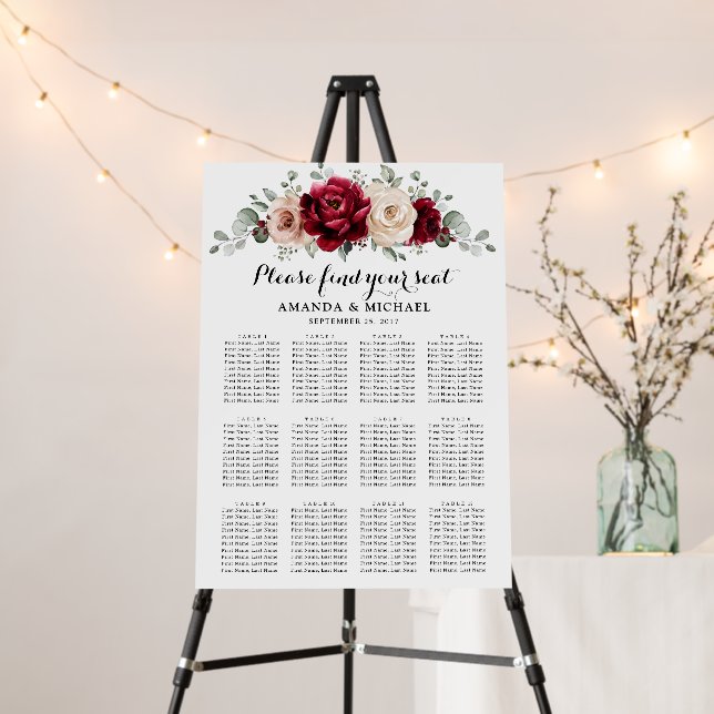Burgundy Champagne Ivory Mauve Rose Seating chart Foam Board (In Situ (Stand))