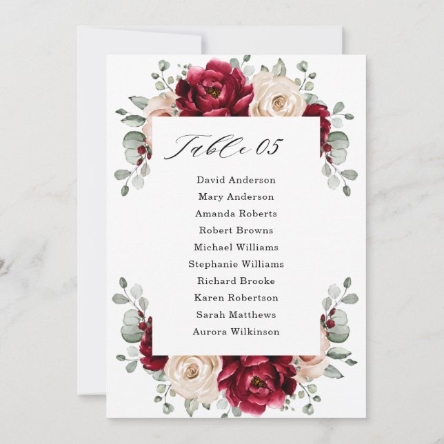 Burgundy Champagne Ivory Mauve Rose Seating Chart Invitation (Back)