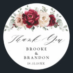 Burgundy Champagne Ivory Mauve Wedding Thank you Classic Round Sticker<br><div class="desc">Elegant Burgundy Red,  Champagne ivory earthy floral theme wedding thank you sticker featuring elegant bouquet of Burgundy,  champagne ivory color roses peonies  and sage green eucalyptus leaves. Please contact me for any help in customization or if you need any other product with this design.</div>