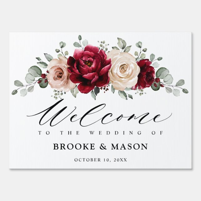 Burgundy Champagne Ivory Mauve Wedding Welcome Sign (Front)