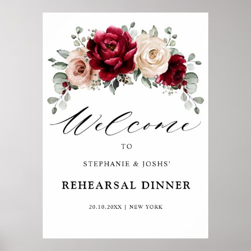 Burgundy Champagne Ivory Rehearsal Dinner Welcome Poster