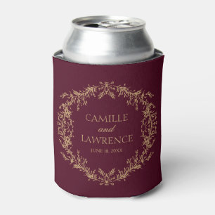 Burgundy Champagne Toile Floral Frame Wedding Can Cooler