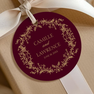 Burgundy Champagne Toile Floral Frame Wedding Favor Tags