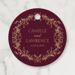 Burgundy Champagne Toile Floral Frame Wedding Favor Tags