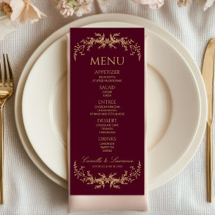 Burgundy Champagne Toile Floral Frame Wedding Menu