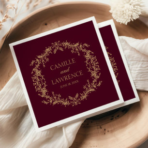 Burgundy Champagne Toile Floral Frame Wedding Napkins