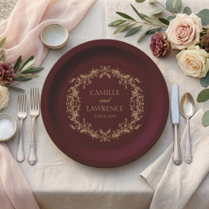 Burgundy Champagne Toile Floral Frame Wedding Paper Plates