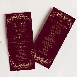 Burgundy Champagne Toile Floral Frame Wedding Program