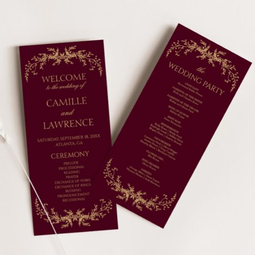 Burgundy Champagne Toile Floral Frame Wedding Program