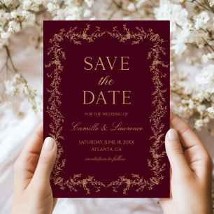 Burgundy Champagne Toile Floral Frame Wedding Save The Date