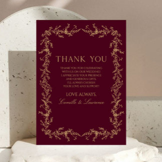 Burgundy Champagne Toile Floral Frame Wedding Thank You Card