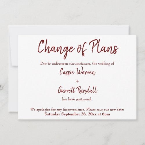 Burgundy Change of Plans Postponed Wedding Card