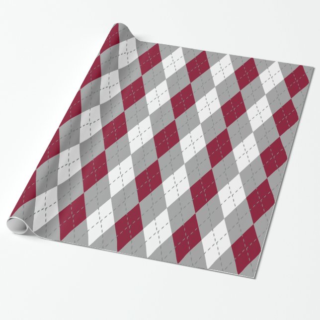 Burgundy Charcoal Dk Gray Wht XL Argyle Wrapping Paper (Unrolled)