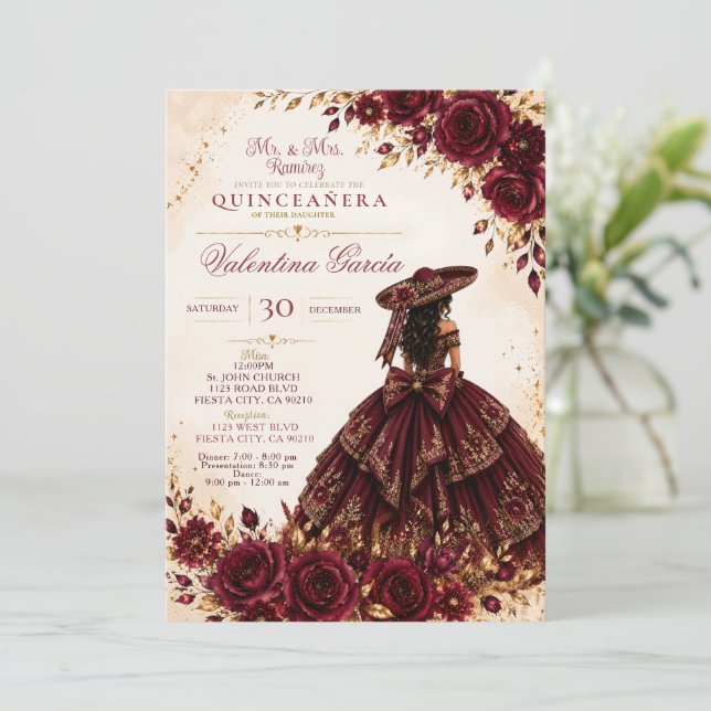 Burgundy Charra Quinceañera Invitation (Standing Front)