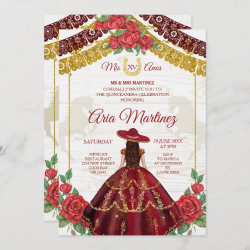 Burgundy Charro Roses Mis Quince Invitation