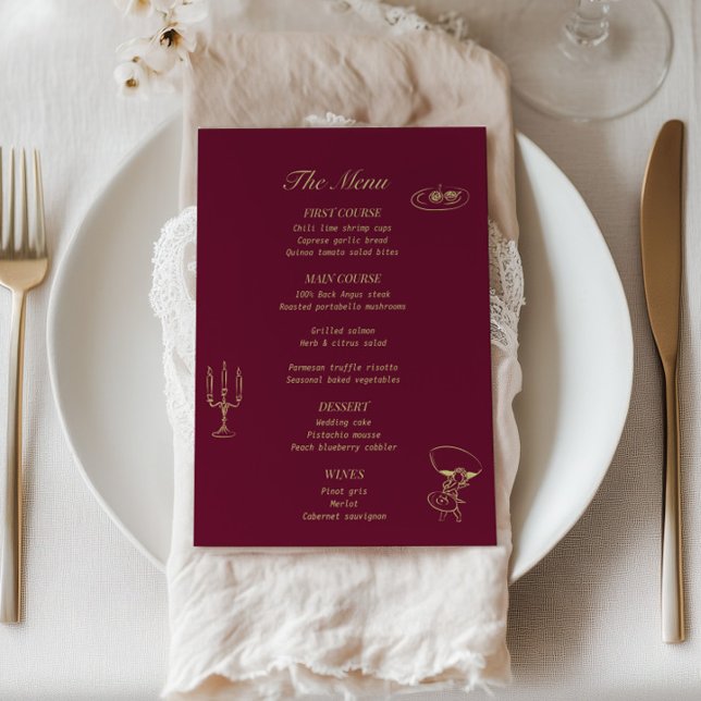 Burgundy Chartreuse Illustrated Wedding Menu (Creator Uploaded)