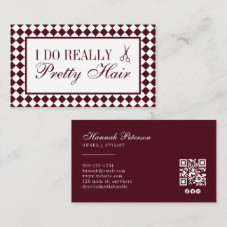 Burgundy Checkered Old Money Hair Stylist QR Code Business Card