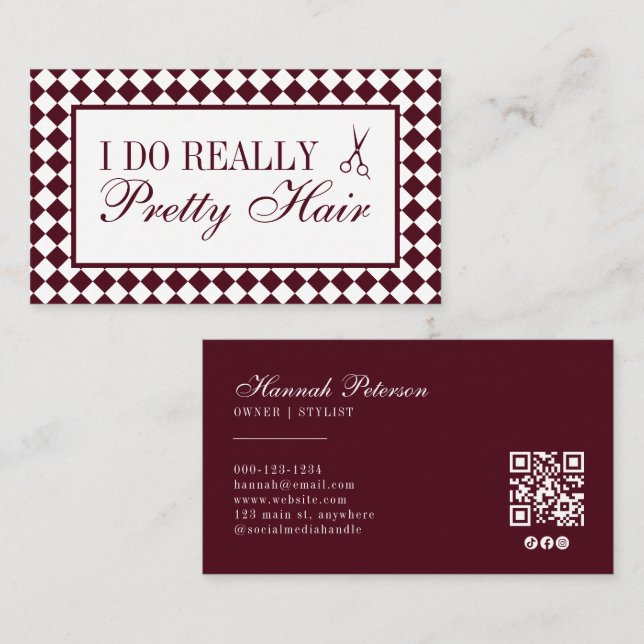 Burgundy Checkered Old Money Hair Stylist QR Code Business Card (Front/Back)