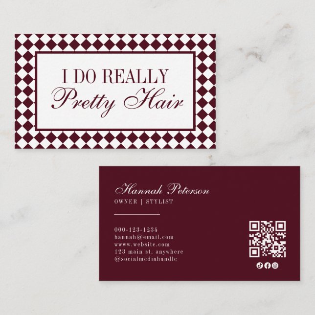 Burgundy Checkered Old Money Hair Stylist QR Code Business Card (Front/Back)
