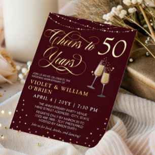 Burgundy Cheers to 50 Years Wedding Anniversary Foil Invitation