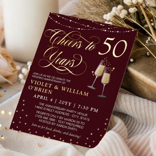 Burgundy Cheers to 50 Years Wedding Anniversary Foil Invitation
