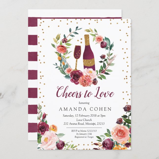 Burgundy Cheers to Love Wine Bridal Shower Invitation (Front/Back)