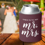 Burgundy Cheers To The New Mr. & Mrs. Wedding Can Cooler<br><div class="desc">Celebrate the newlywed or use the can cooler for casual wedding favors. Email @ JMR_Designs@yahoo.com if you need assistance or have any special request.</div>