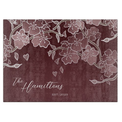 Burgundy Cherry Blossom Custom Established Year Cutting Board