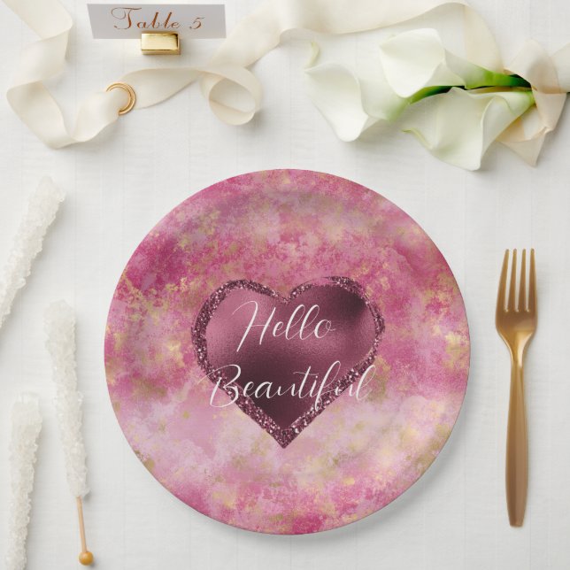 Burgundy Cherry Glitter Heart    Paper Plates (Wedding)