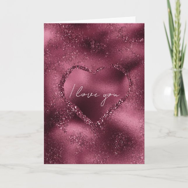 Burgundy Cherry Glitter Sparkle Heart Love Card (Front)