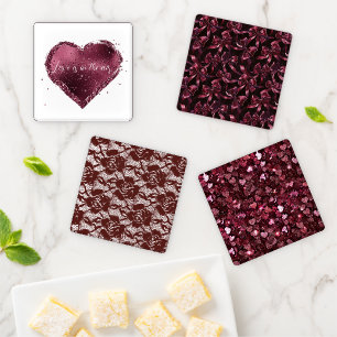 Burgundy Cherry Glitter Sparkle Heart Love  Coaster Set