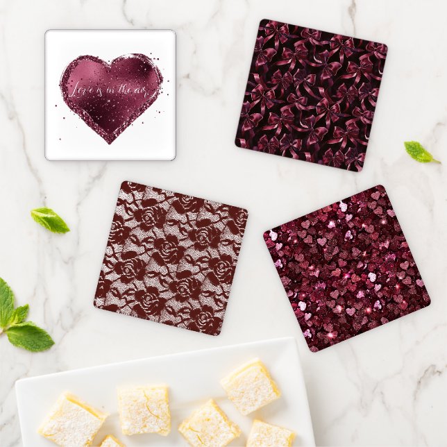 Burgundy Cherry Glitter Sparkle Heart Love  Coaster Set (In Situ)
